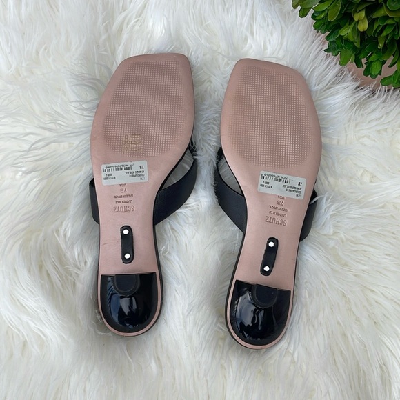 New Schutz Leni Leather Thong Square Toe Black Poen Toe Slippers Sandal Size 7 - Picture 4 of 6